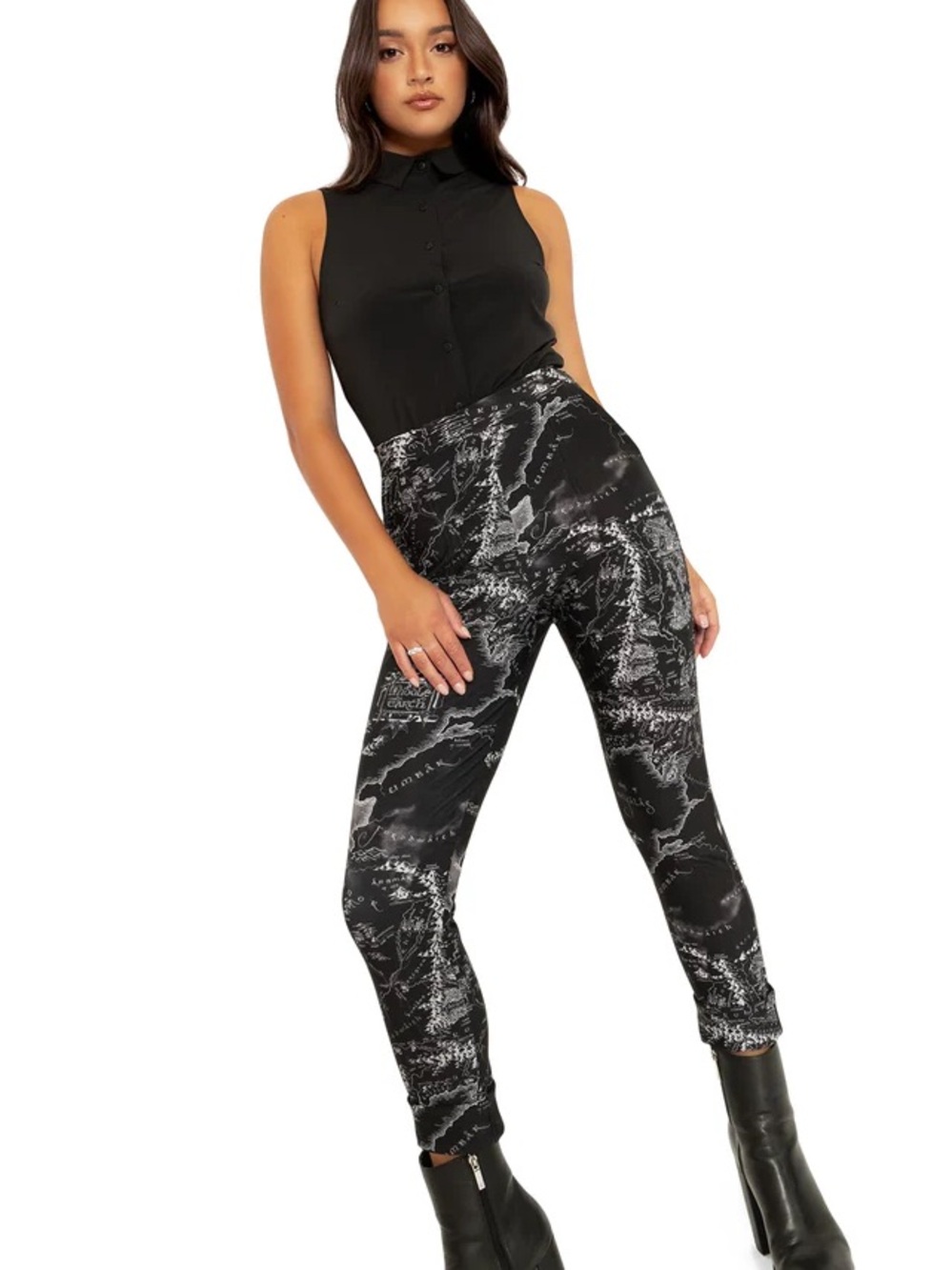 Blackmilk LOTR Black and White Map-Print High-Waist Pants L
